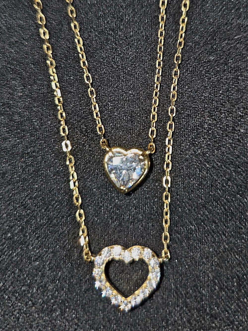 $525 Gold Over Sterling Bi-level Hearts Necklace .33 Ct Moissanite